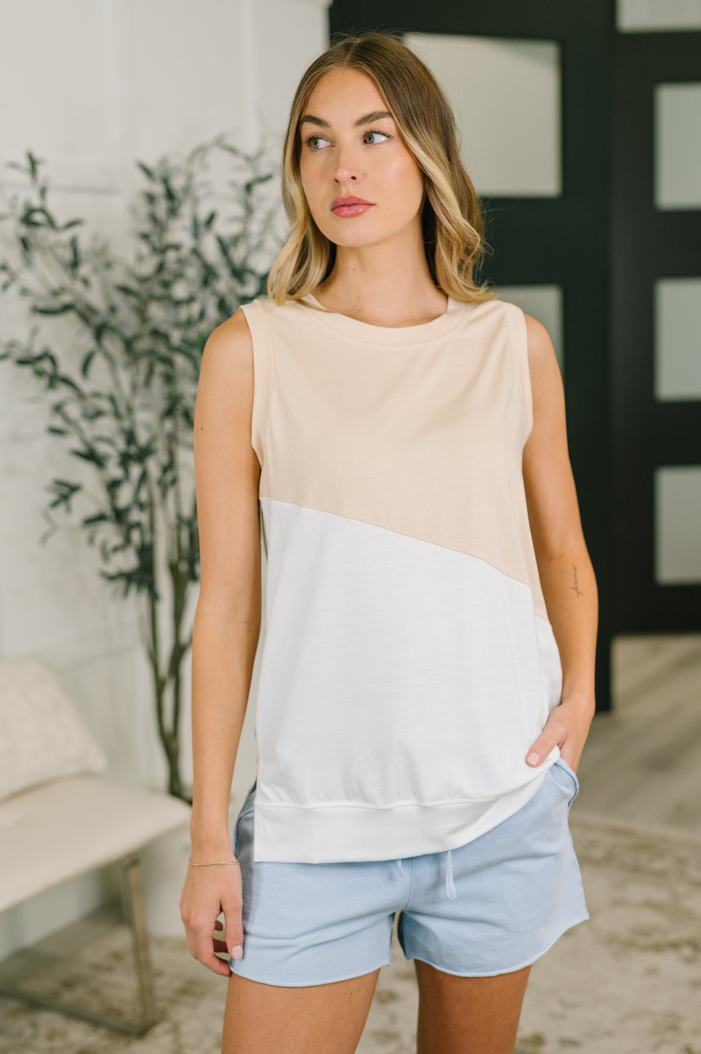 Color block top, sleeveless knit tank, jersey knit sleeveless, women’s casual tank, beige and white top, side slit tank top, comfortable summer top, boutique sleeveless top.