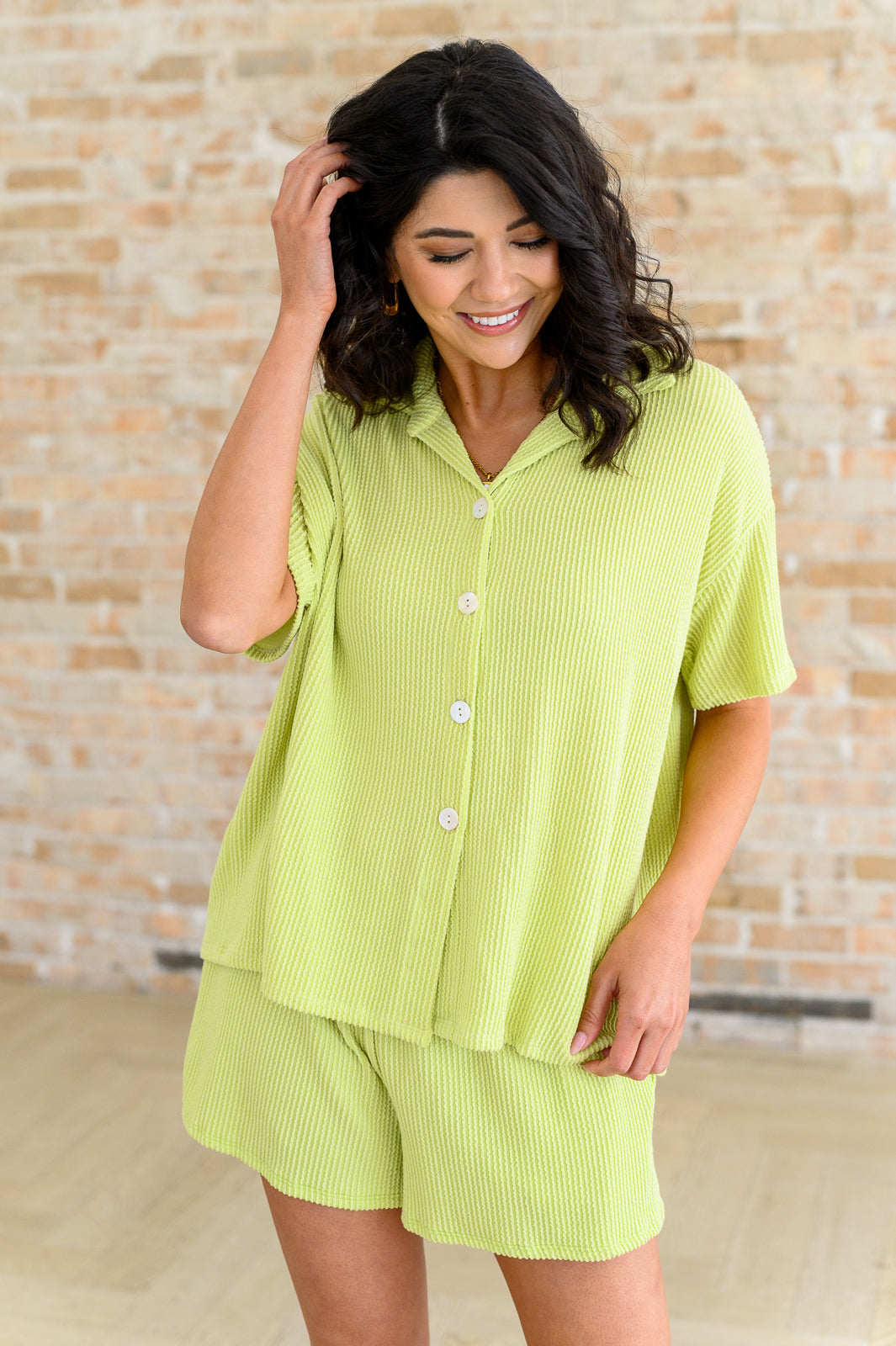 ribbed button down, matching set top, textured knit shirt, lime green top, summer loungewear, effortless style, drop shoulder top, women’s ribbed knit.