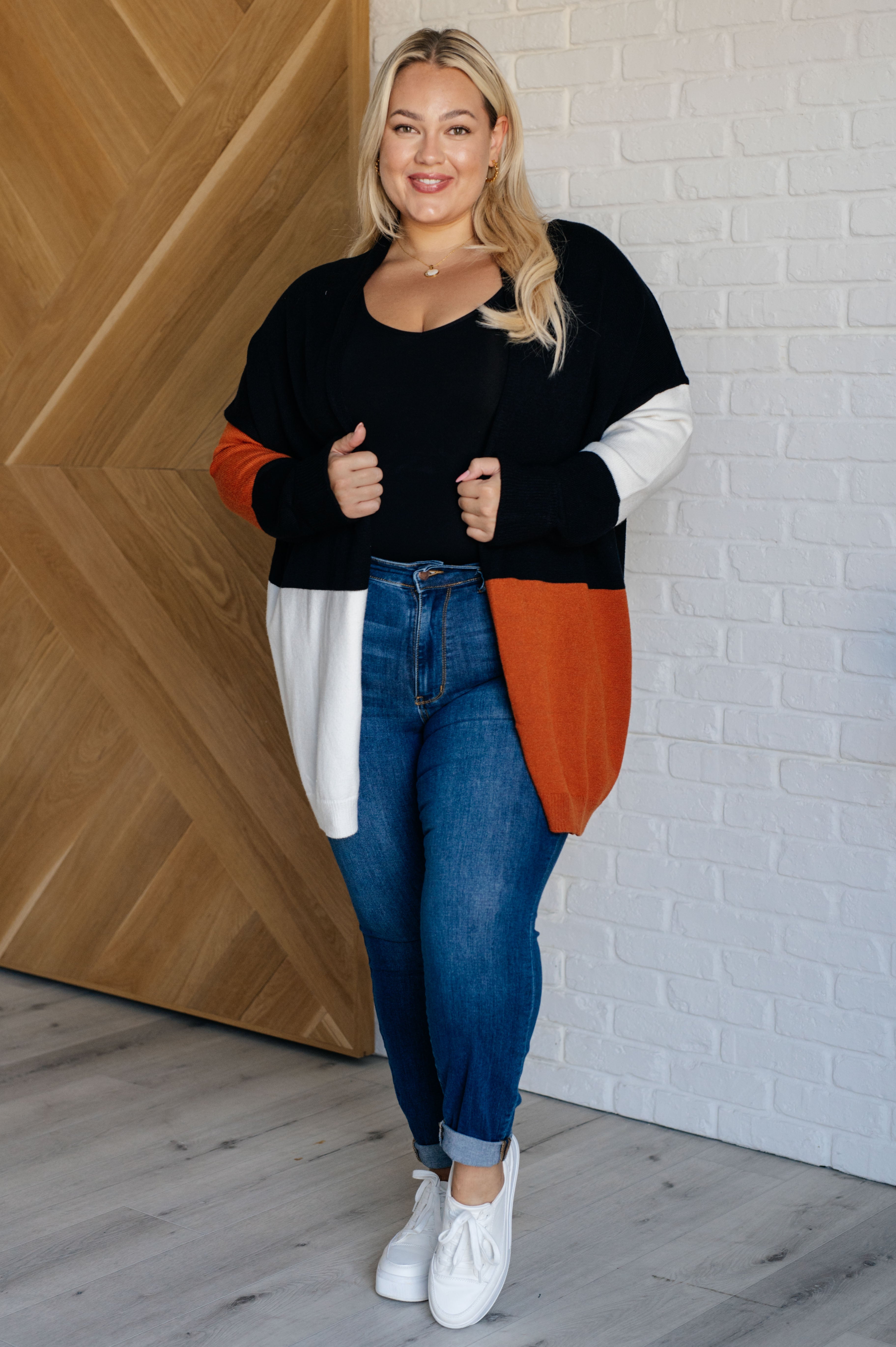 color block open front cardigan