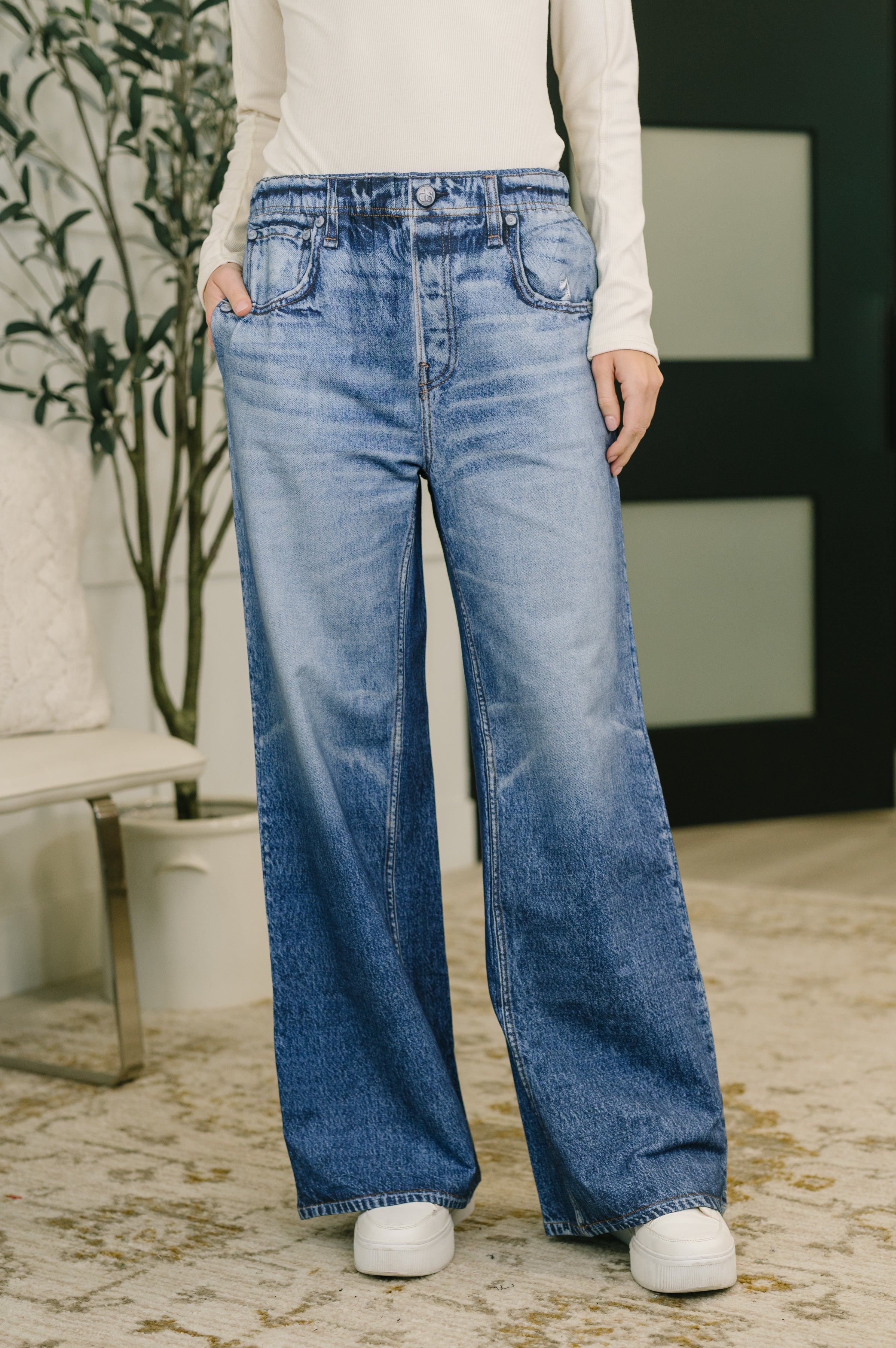 Wide leg knit pants, denim print bottoms, high waisted lounge pants, stretchy wide leg jeans, faux denim pants, women's comfortable trousers, knit denim alternative, high-rise flowy pants, travel-friendly bottoms, Zenim wide leg.
