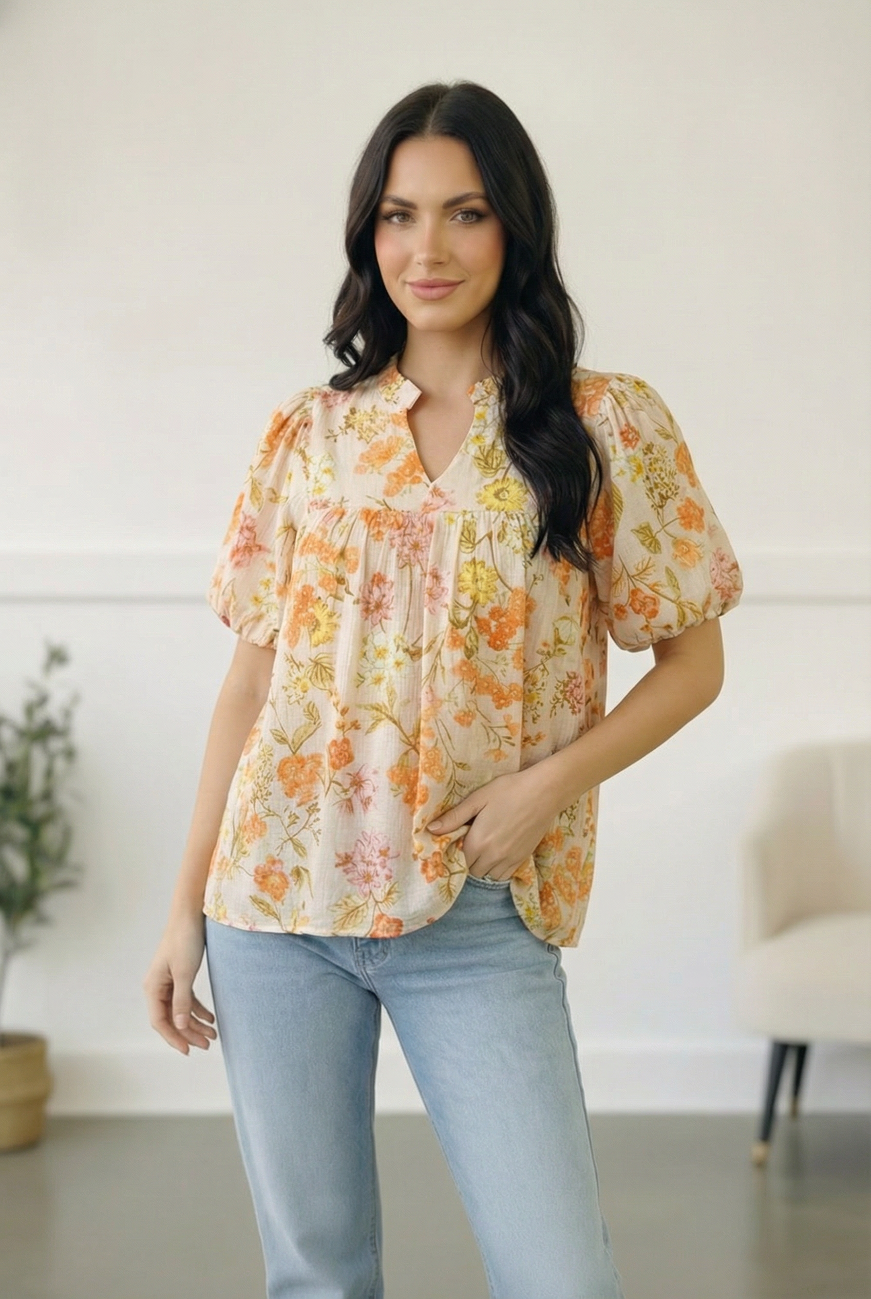floral blouse, puff sleeve top, notch neck shirt, spring floral tops, boho chic blouse, lightweight summer top, boutique floral clothing, women's flowy blouse, rayon floral shirt, sunlit garden top.