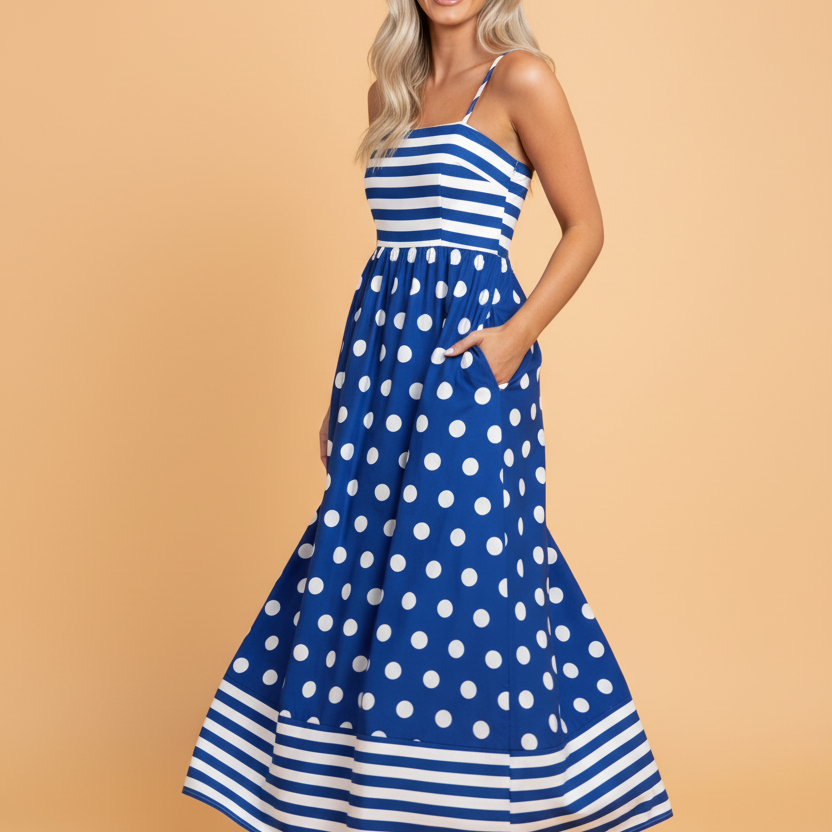 Patchwork Maxi Dress, Polka Dot Summer Dress, Striped Maxi Dress, High Waist Sundress, Women's Boho Dress, Flowy Sleeveless Dress, Mixed Pattern Fashion, Nautical Style Dress.