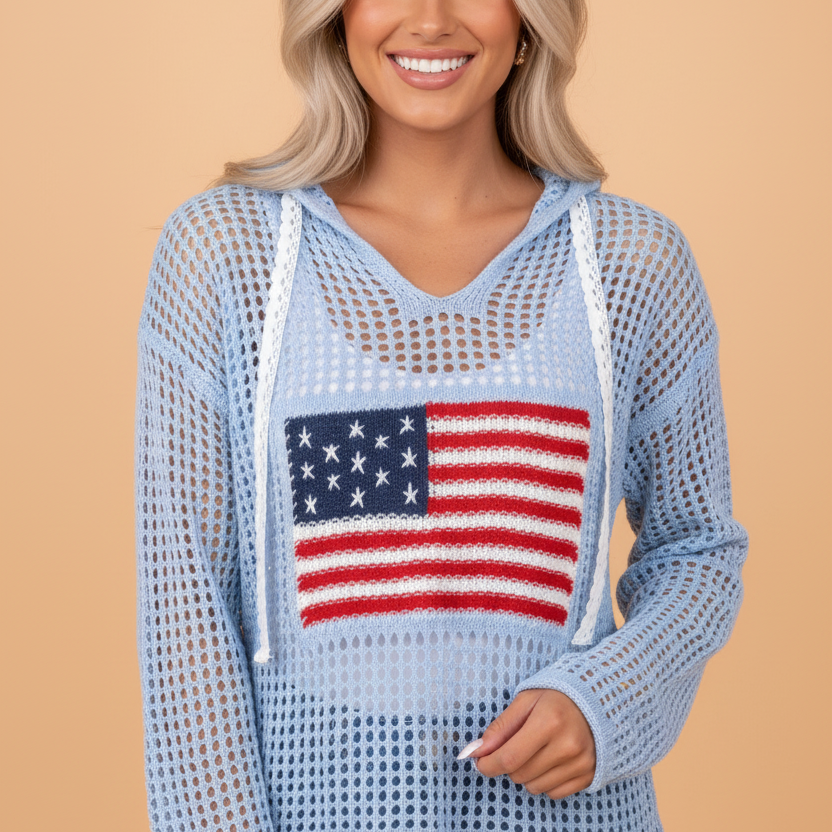 Americana aesthetic, crochet knit hoodie, flag sweater, coastal cowgirl, open knit top, patriotic fashion, Gen Z luxury, aesthetic summer knits, blue crochet hoodie
