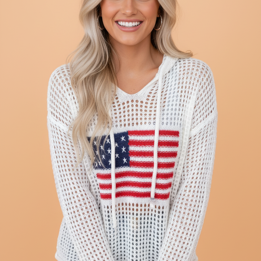 American Flag Patched Crochet Knit Hoodie