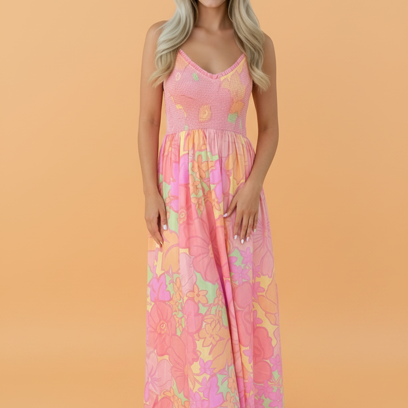 floral maxi dress, smocked summer dress, high waist floral dress, summer dress with pockets, pink floral sun dress, shirred bodice maxi, garden party outfit, cotton floral dress