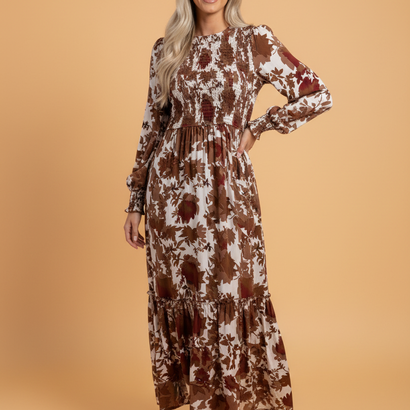 Floral Maxi Dress, Puff Sleeve Smocked Dress, Cottagecore Aesthetic, Long Ruffle Dress, Brown Floral Print, Luxury Viscose Dress, Garden Party Outfit, Gen-Z Fashion Trends