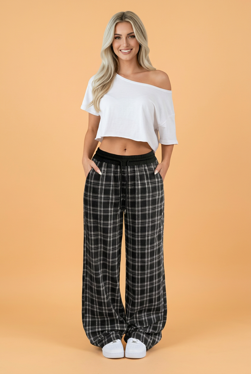 Plaid wide leg pants, drawstring lounge pants, women's plaid trousers, cozy loungewear, contrast waist pants, Frenchy plaid pants, comfortable wide leg bottoms, boutique lounge pants