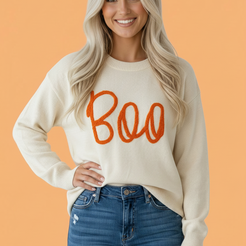 Halloween sweater, Boo knit sweater, women's fall fashion, oversized graphic sweater, cream Halloween top, cute spooky clothes, drop shoulder knit, autumn layering piece.