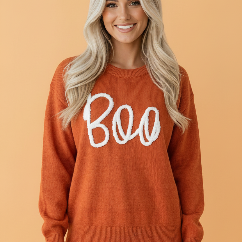 Cozy "Boo" Oversized Halloween Knit Sweater – Cream & Orange