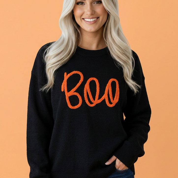 Cozy "Boo" Oversized Halloween Knit Sweater – Cream & Orange