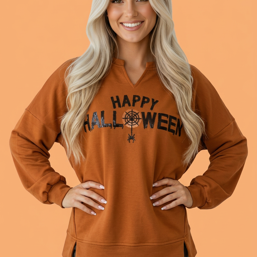 Halloween top, sequin graphic sweatshirt, women’s fall fashion, Halloween sparkle shirt, orange long sleeve top, notched neck sweatshirt, festive boutique apparel, pumpkin spice outfit.