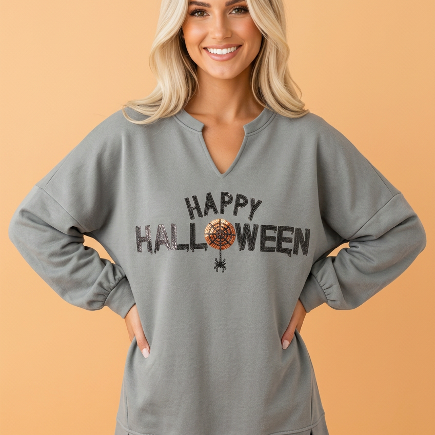 Happy Halloween Sequin Graphic Sweatshirt – Relaxed Notched V-Neck Top