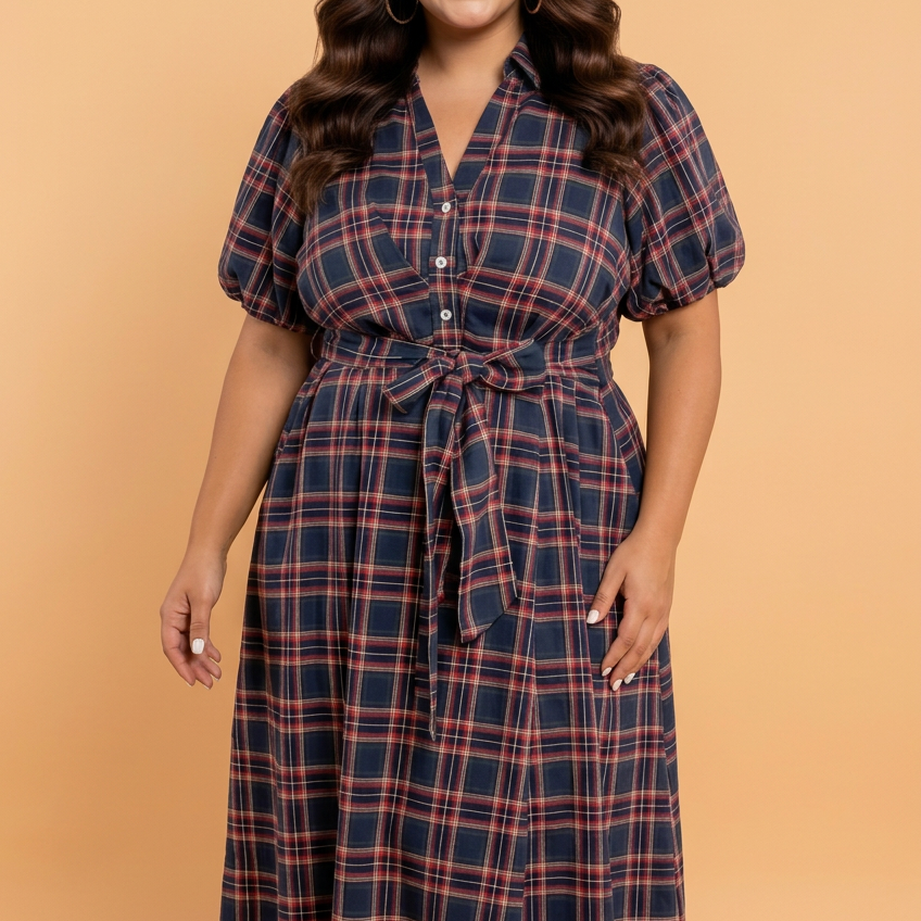 Plus size plaid dress, V-neck midi dress, belted plus size dress, women's plaid casual dress, curvy fashion dress, puff sleeve plus size dress, timeless plaid outfit.