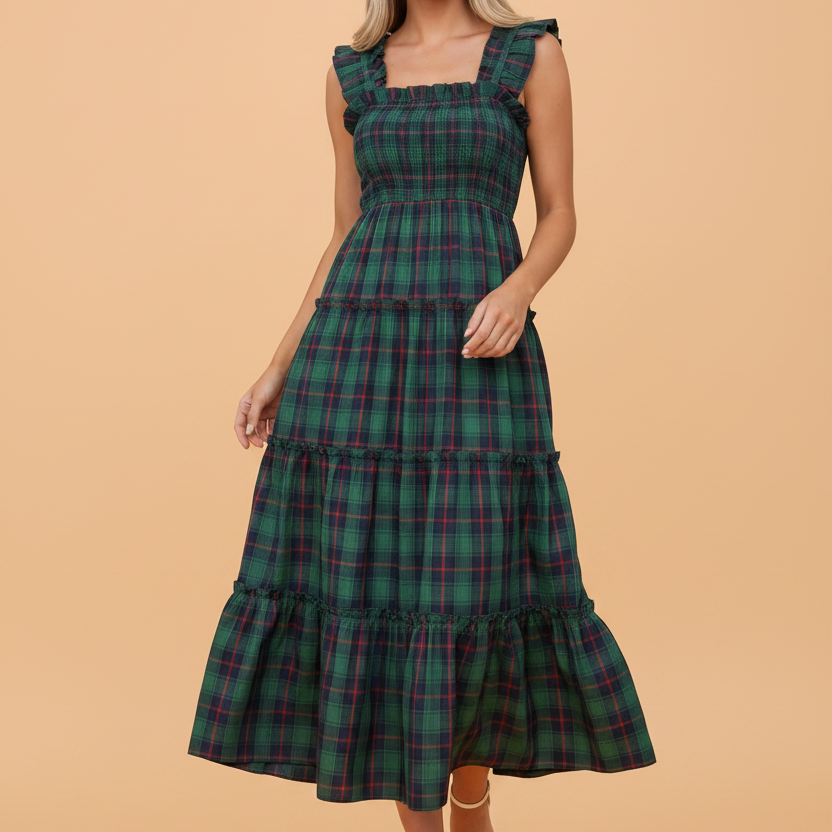 plaid midi dress, shirred bodice dress, tiered ruffle dress, sleeveless plaid dress, cottagecore style, square neck midi, vintage inspired dress, green plaid dress