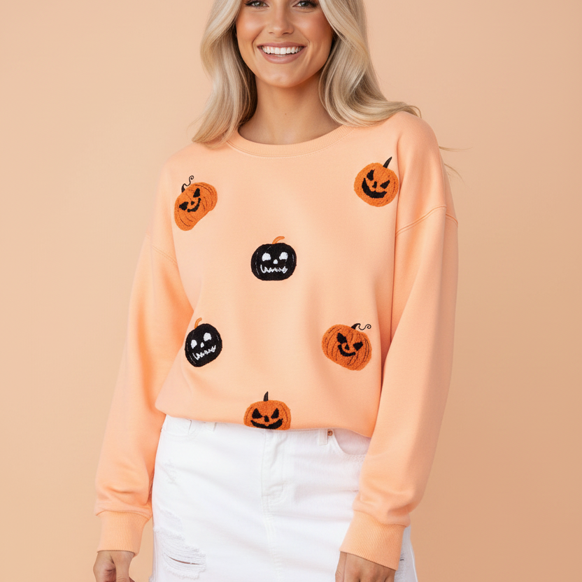 Halloween sweatshirt, pumpkin embroidery, oversized fall sweater, jack-o-lantern top, boutique Halloween clothes, women's autumn fashion, chenille embroidery sweatshirt, drop shoulder pullover.