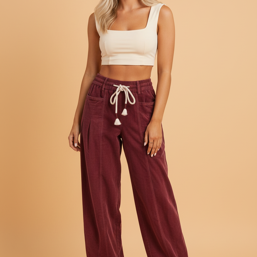 Corduroy pants, drawstring waist trousers, women's pleated pants, straight leg corduroy, high-waisted casual pants, comfortable office wear, cozy autumn fashion, relaxed fit trousers.
