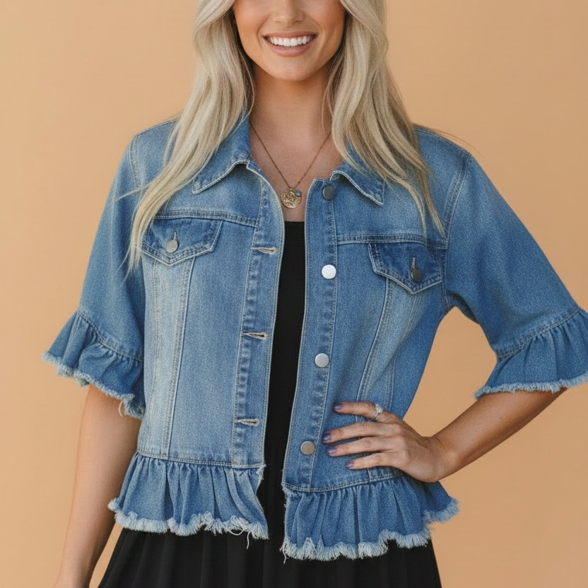 short sleeve denim jacket, ruffle hem denim, western style jacket, boho denim outerwear, raw edge denim, women’s summer layering, distressed denim jacket, feminine western wear