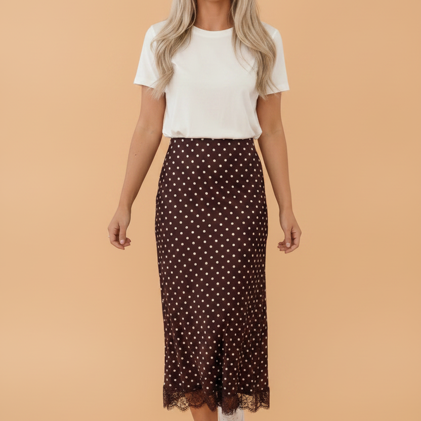 polka dot midi skirt, lace hem skirt, brown midi skirt, viscose skirt, women's spring fashion, elegant slip skirt, polka dot apparel, fall fashion trends.