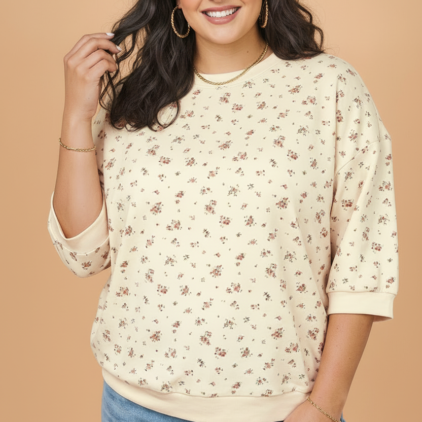 plus size fashion, floral blouse, colorblock top, women's 3/4 sleeve top, spring layering, comfortable plus size tops, casual chic, shift silhouette blouse