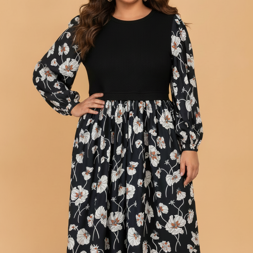 Plus Size Dress, Floral Midi Dress, Patchwork Ribbed Dress, Long Sleeve Plus Size, Women's Floral Fashion, Elegant Midi Dress, Colorblock Dress.