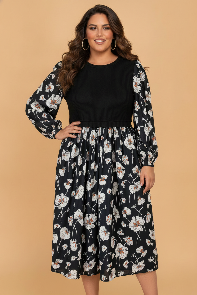 Plus Size Dress, Floral Midi Dress, Patchwork Ribbed Dress, Long Sleeve Plus Size, Women's Floral Fashion, Elegant Midi Dress, Colorblock Dress.