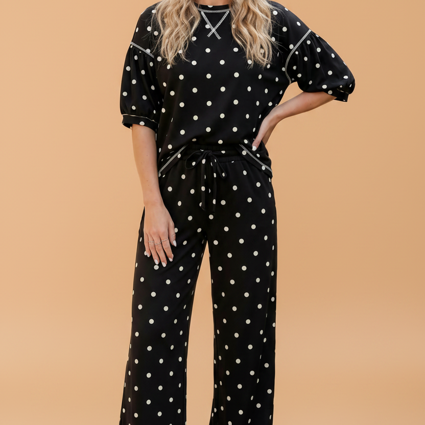 Polka dot set, women's two-piece outfit, puff sleeve top, elastic waist pants, matching lounge set, casual chic clothing, travel-friendly set, comfortable women's fashion.