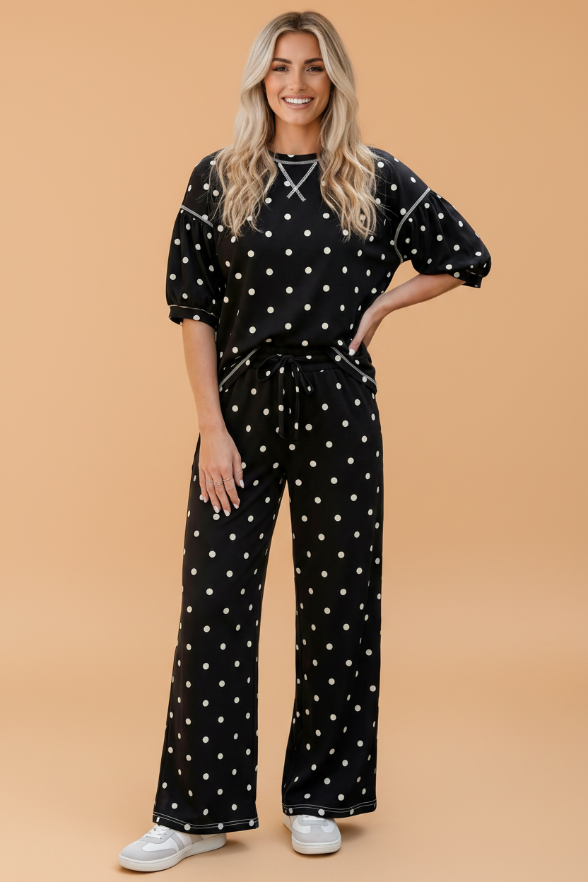 Polka dot set, women's two-piece outfit, puff sleeve top, elastic waist pants, matching lounge set, casual chic clothing, travel-friendly set, comfortable women's fashion.