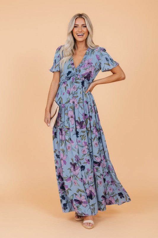 floral maxi dress, v-neck summer dress, frilled boho dress, women’s evening dress, short sleeve maxi, floral print gown, lightweight summer fashion, elegant tiered dress