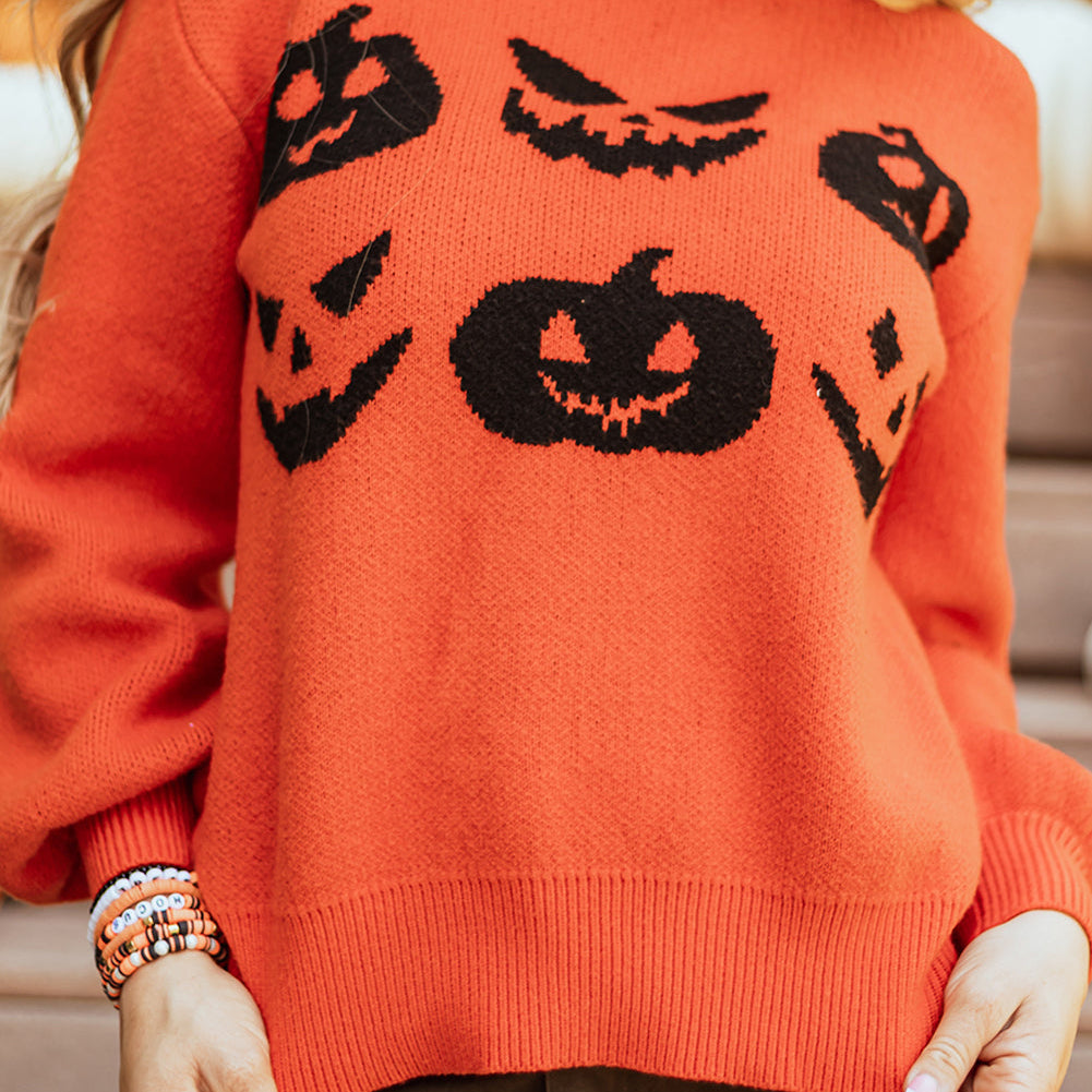 Halloween sweater, pumpkin knit, Jack-o'-lantern top, fall fashion, drop shoulder sweater, orange festive knit, women's Halloween apparel, spooky season outfit.