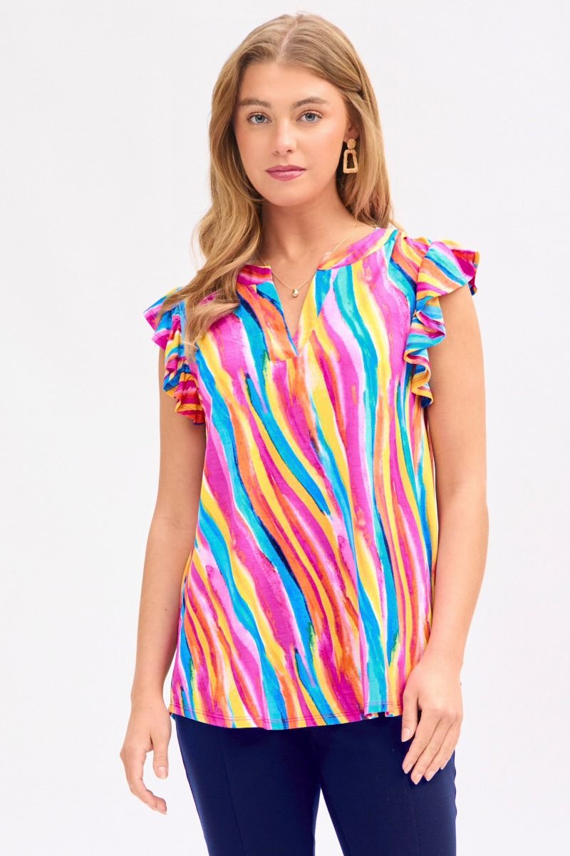 A woman wearing a multicolored striped flutter sleeve top with a mandarin collar.