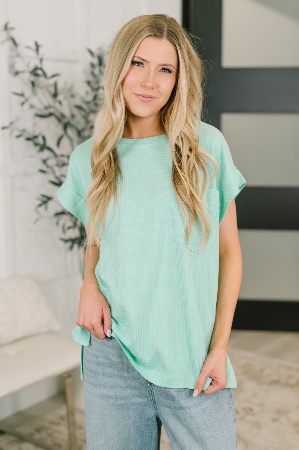 Mint waffle knit top, relaxed fit tee, dolman sleeve shirt, women’s textured top, spring mint green fashion, casual waffle knit tee, comfortable oversized shirt.
