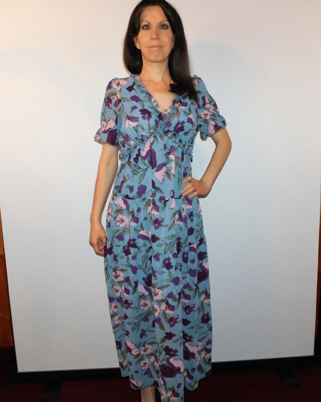 Boho floral dress, V-neck maxi dress, summer floral gown, ruffle maxi dress, wrinkle-resistant dress, breathable floral dress, bohemian chic style, high waist maxi, sky blue floral dress, fiery red maxi.