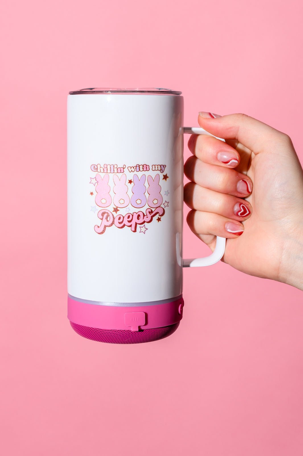Speaker tumbler, Bluetooth cup, insulated mug with speaker, Peeps travel mug, 14oz stainless steel tumbler, music tumbler, pink speaker cup, gift for music lovers, holiday drinkware.