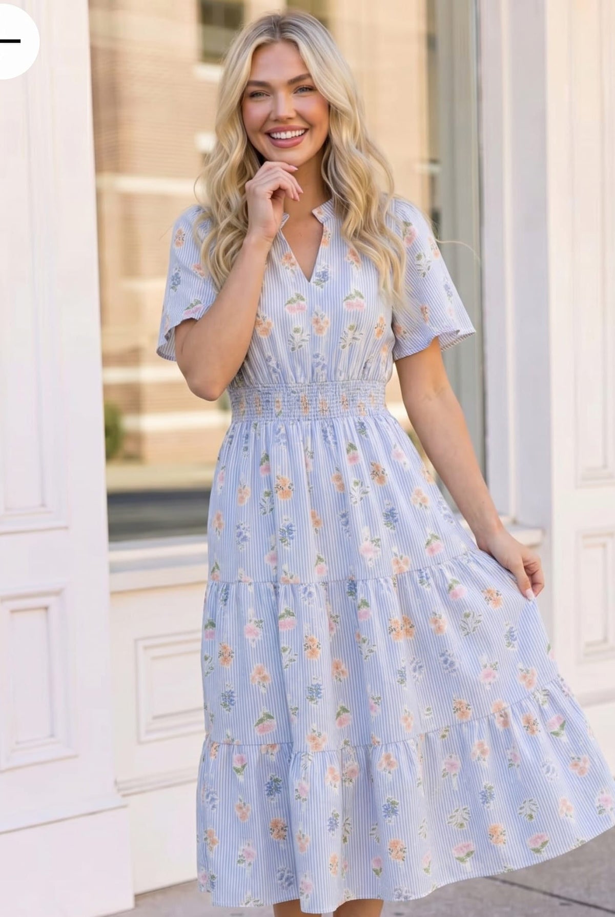 light blue midi dress, striped floral dress, smocked waist dress, flutter sleeve midi, summer brunch outfit, tiered ruffle dress, cottagecore fashion, women's floral midi