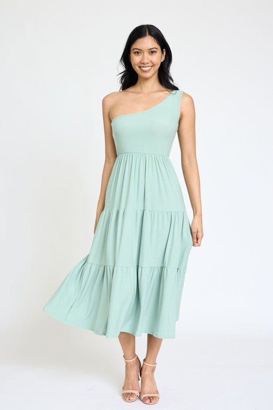 one shoulder midi dress, ruffle tiered dress, mint green cocktail dress, made in USA clothing, summer wedding guest dress, elegant midi dress, sage ruffle dress.