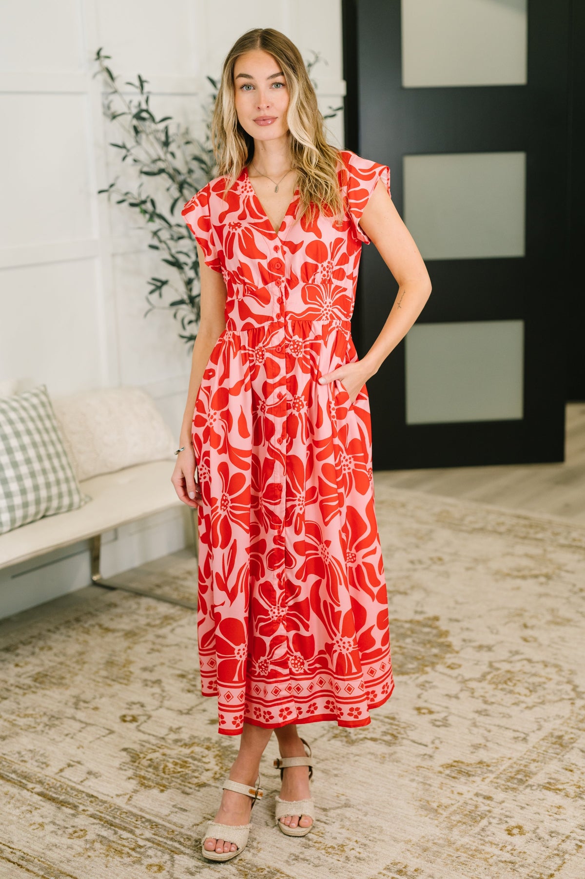 Floral midi dress, flutter sleeve dress, button-down poplin dress, V-neck summer dress, red and pink floral dress, women's office-to-brunch outfit, structured woven dress.