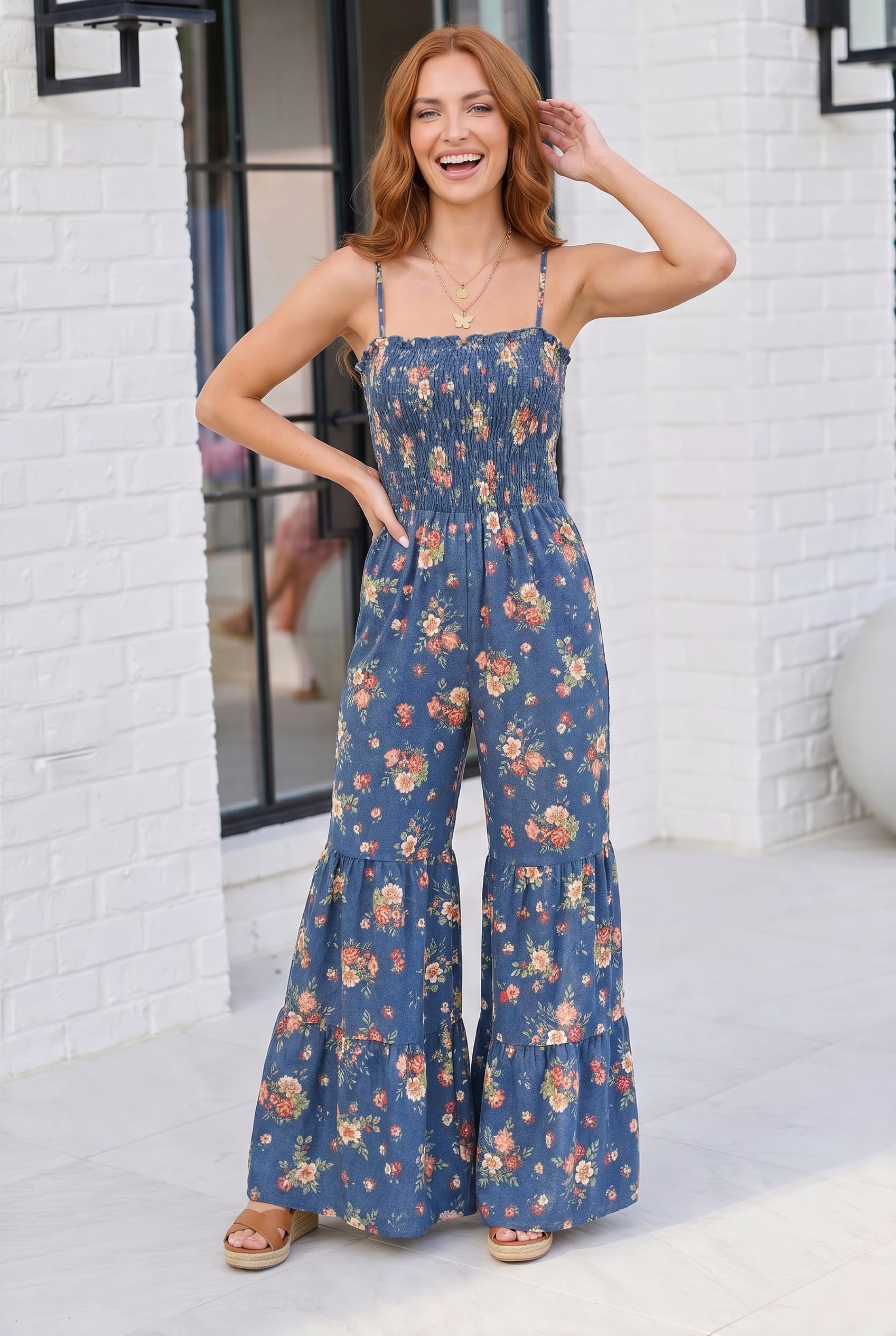 boho floral jumpsuit, vintage wide leg jumpsuit, smocked bodice jumpsuit, bell bottom jumpsuit with pockets, retro summer outfit, garden party attire, women's floral romper