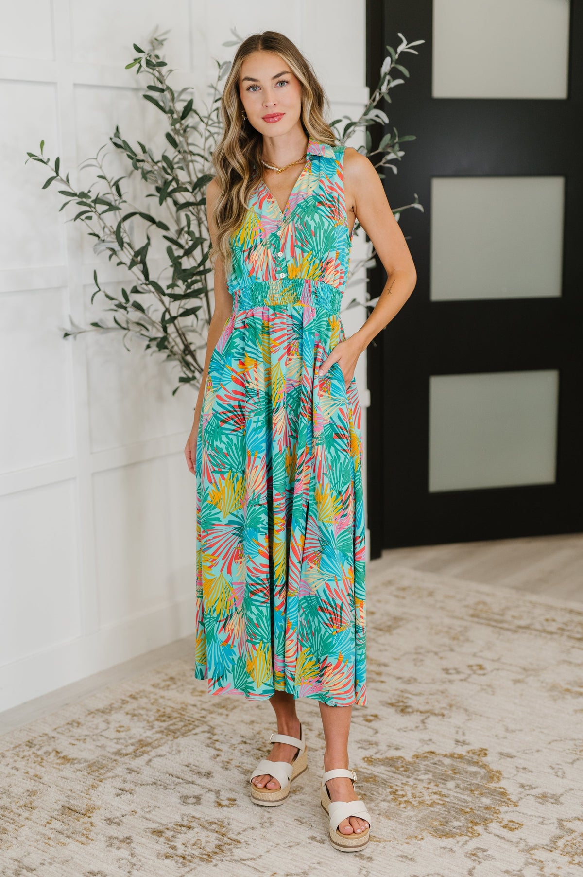 Sleeveless mint dress, collared summer dress, dress with pockets, smocked waist dress, tropical print midi dress, women's boutique fashion, mint sleeveless midi, vacation outfit.