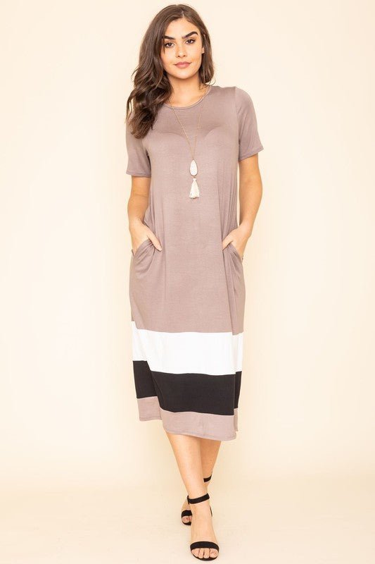 Color block dress, midi dress with pockets, casual calf-length dress, USA made women's clothing, modest midi dress, stretchy t-shirt dress, boutique fashion.