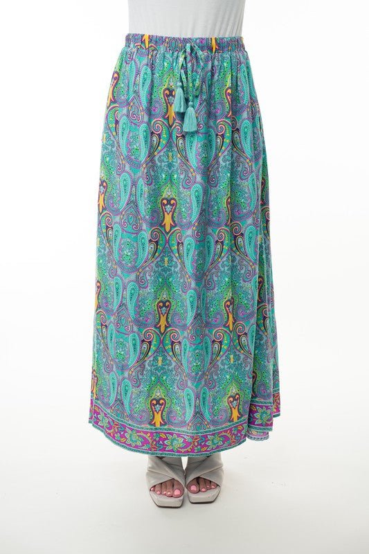 Mint maxi skirt, paisley print skirt, boho long skirt, tassel waist skirt, lightweight rayon skirt, high waisted summer skirt, bohemian fashion, beach cover up skirt, fabknits skirt.