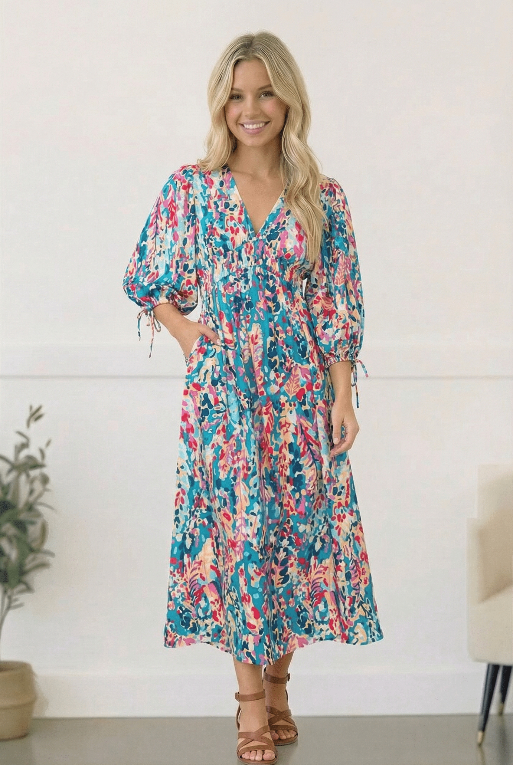 Turquoise maxi dress, abstract floral dress, boho wedding guest dress, balloon sleeve maxi, summer vacation outfits, colorful floral dress, women's boutique fashion, flowy summer dress.