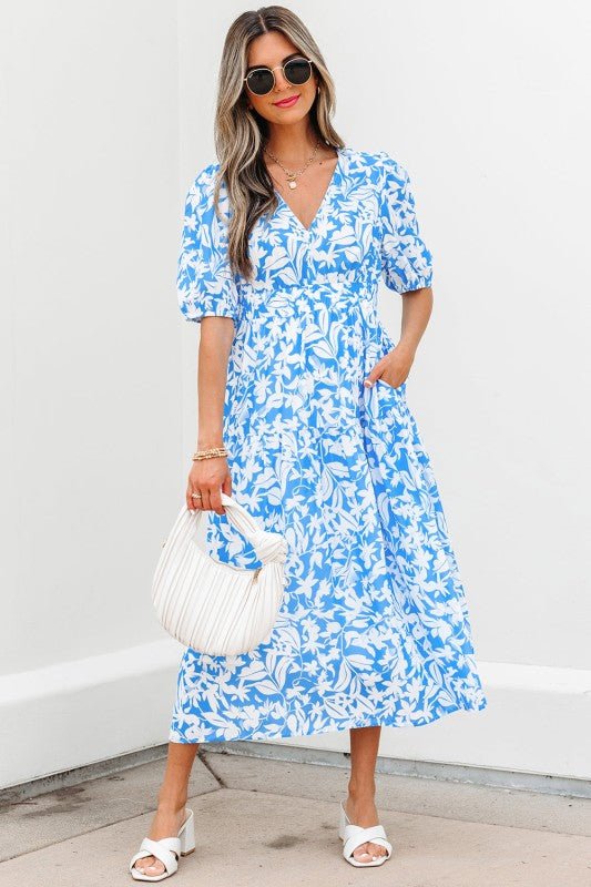 Floral Maxi Dress, Blue Floral Dress, Puff Sleeve Dress, V-Neck Long Dress, Garden Party Outfit, Summer Fit and Flare Dress, Women's Floral Dress, Bohemian Maxi