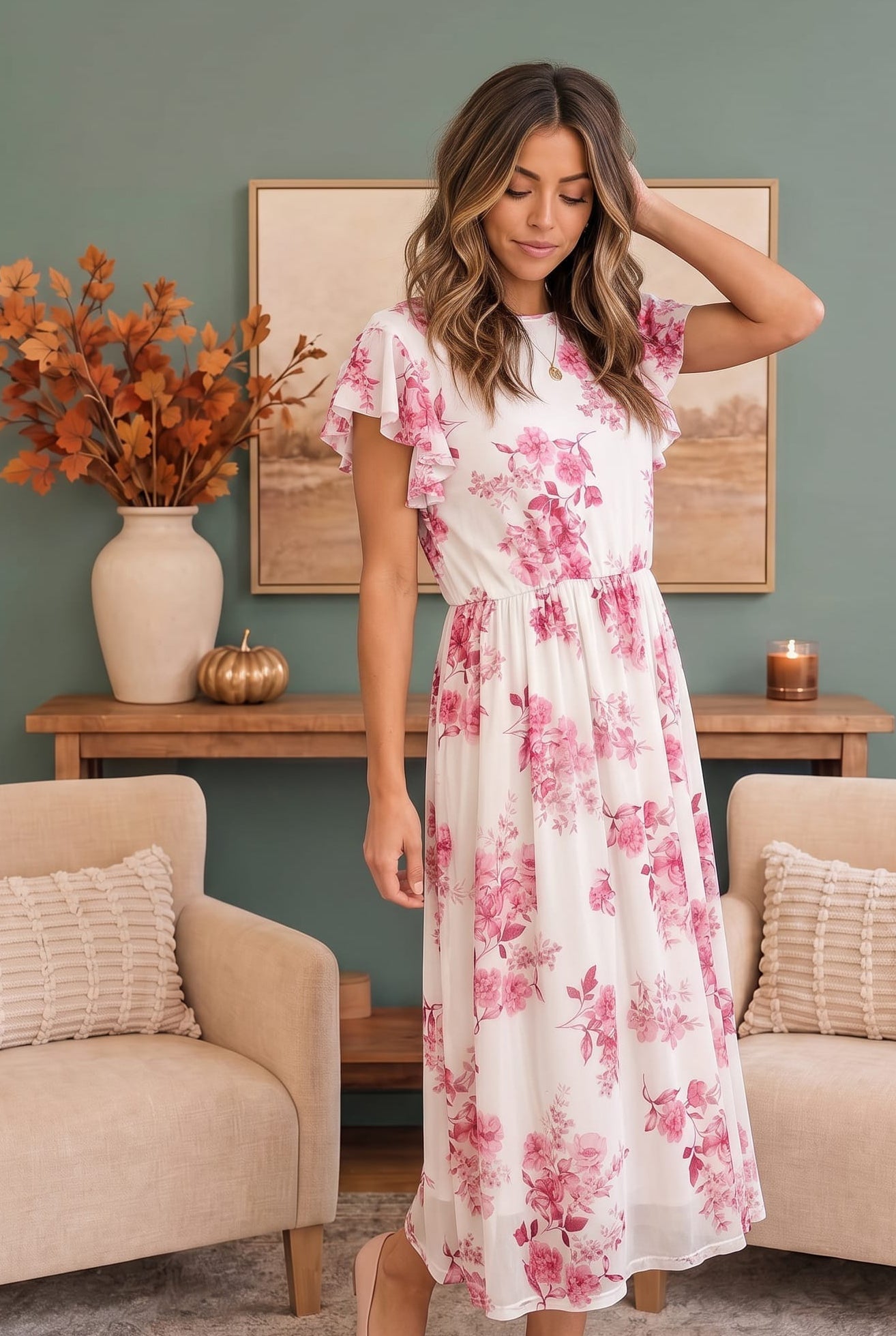 floral midi dress, pink floral dress, garden party dress, wedding guest dress, white floral mesh dress, summer brunch outfit, feminine midi dress, floral dress with sleeves