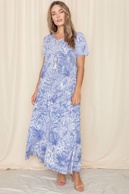 Tropical maxi dress, tiered summer dress, flowy beach dress, vacation dresses for women, blue tropical print dress, short sleeve maxi, resort wear.