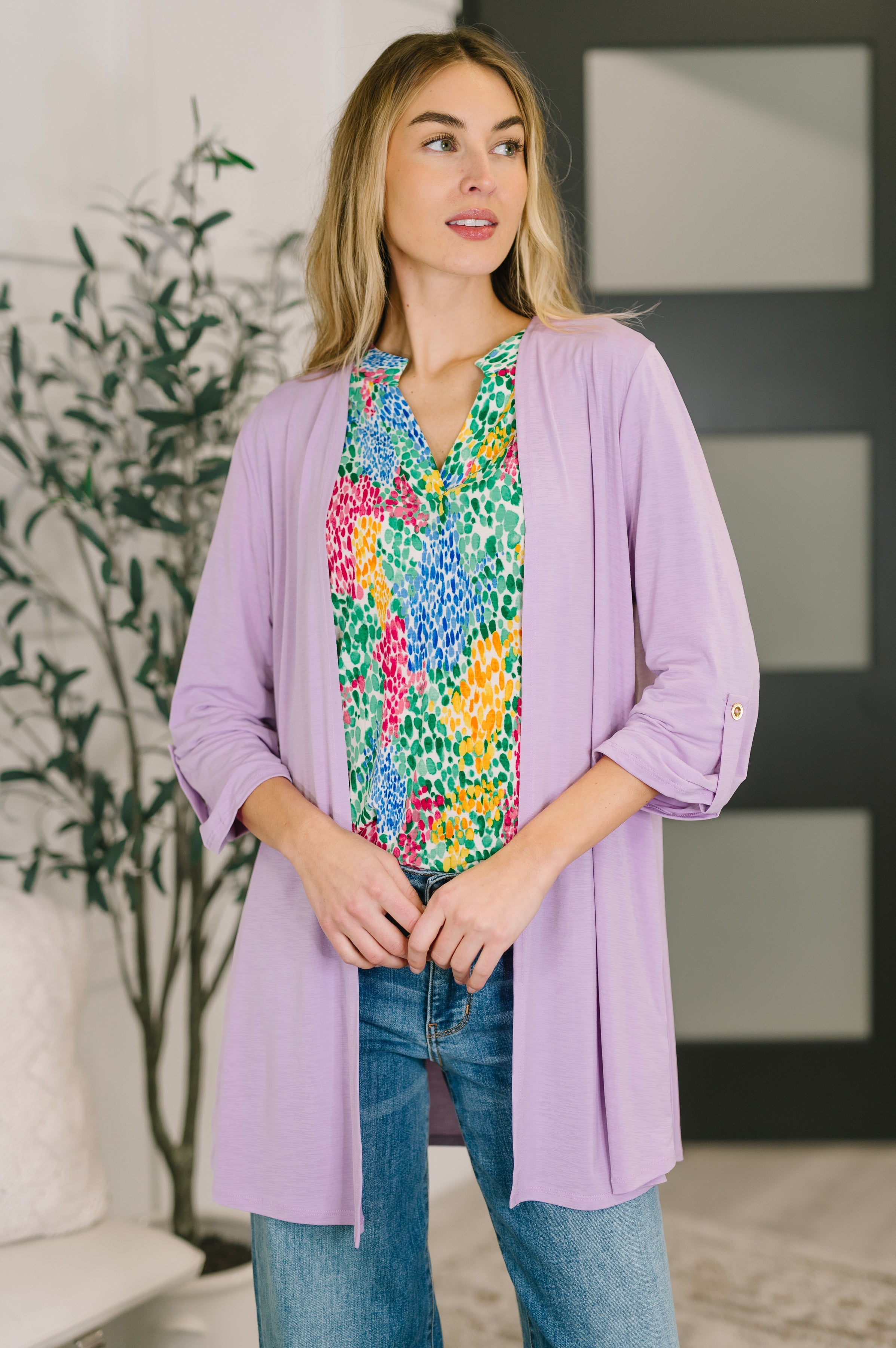 Women's lightweight cardigan, Orchid Bloom purple cardigan, wrinkle resistant sweater, cooling fabric clothing, Bulgari fabric cardigan, open front cardigan with pockets, pleated back cardigan, breathable 3/4 sleeve layer.