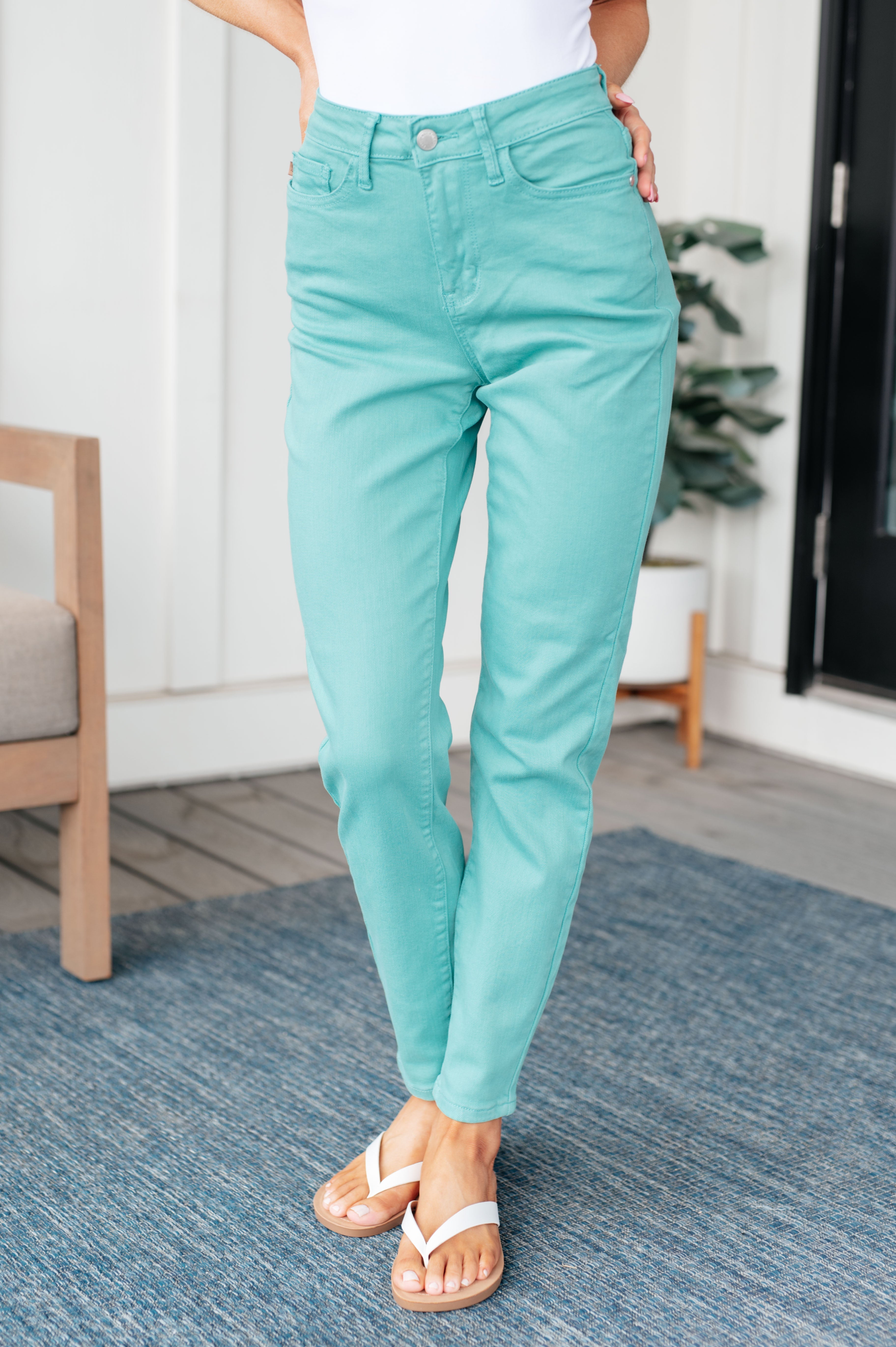Judy Blue jeans, aquamarine slim jeans, high rise garment dyed jeans, colorful denim, women's stretch jeans, turquoise slim fit jeans, Bridgette Judy Blue denim