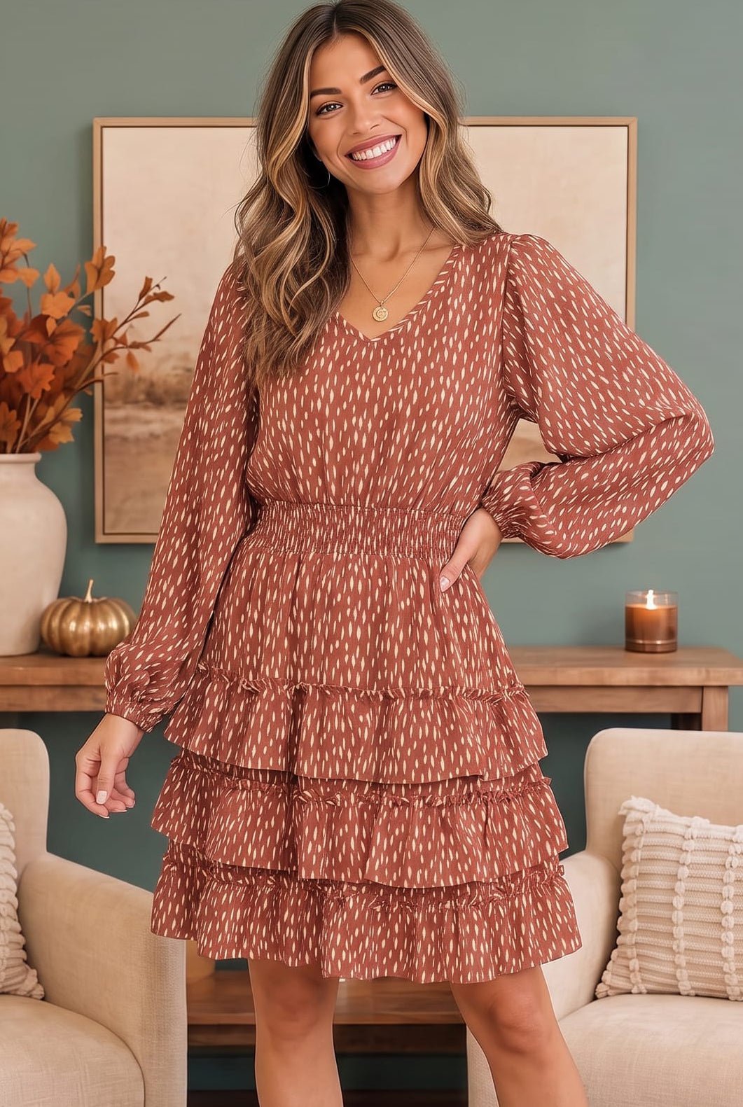 Rust mini dress, speckled print dress, tiered ruffle dress, long sleeve mini dress, terracotta fall dress, smocked waist dress, women's autumn fashion, boho mini dress.