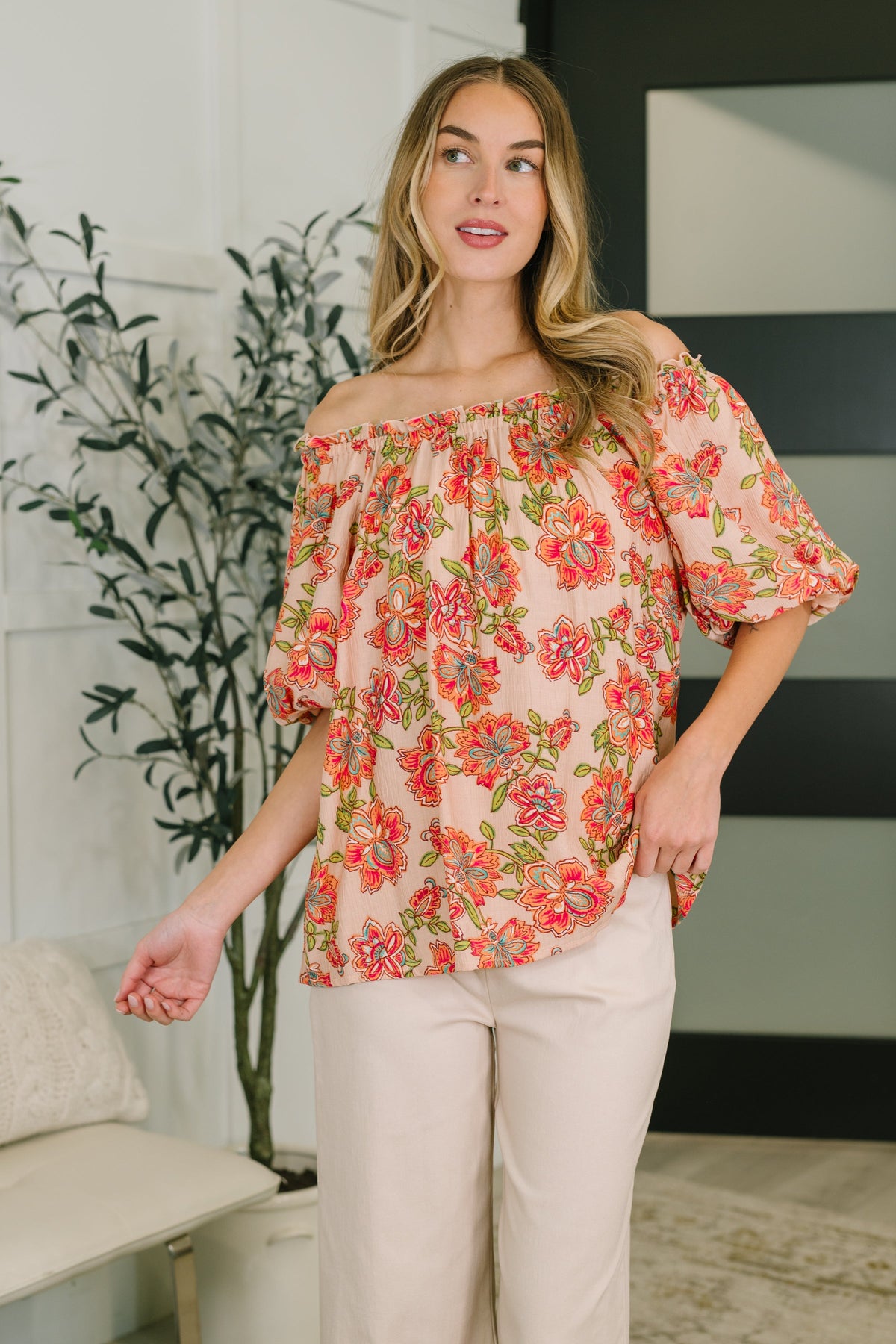 Floral blouse, off the shoulder top, balloon sleeve blouse, boho summer fashion, ruffled sleeve top, crinkle woven shirt, women's floral tops, Petal Perfect blouse