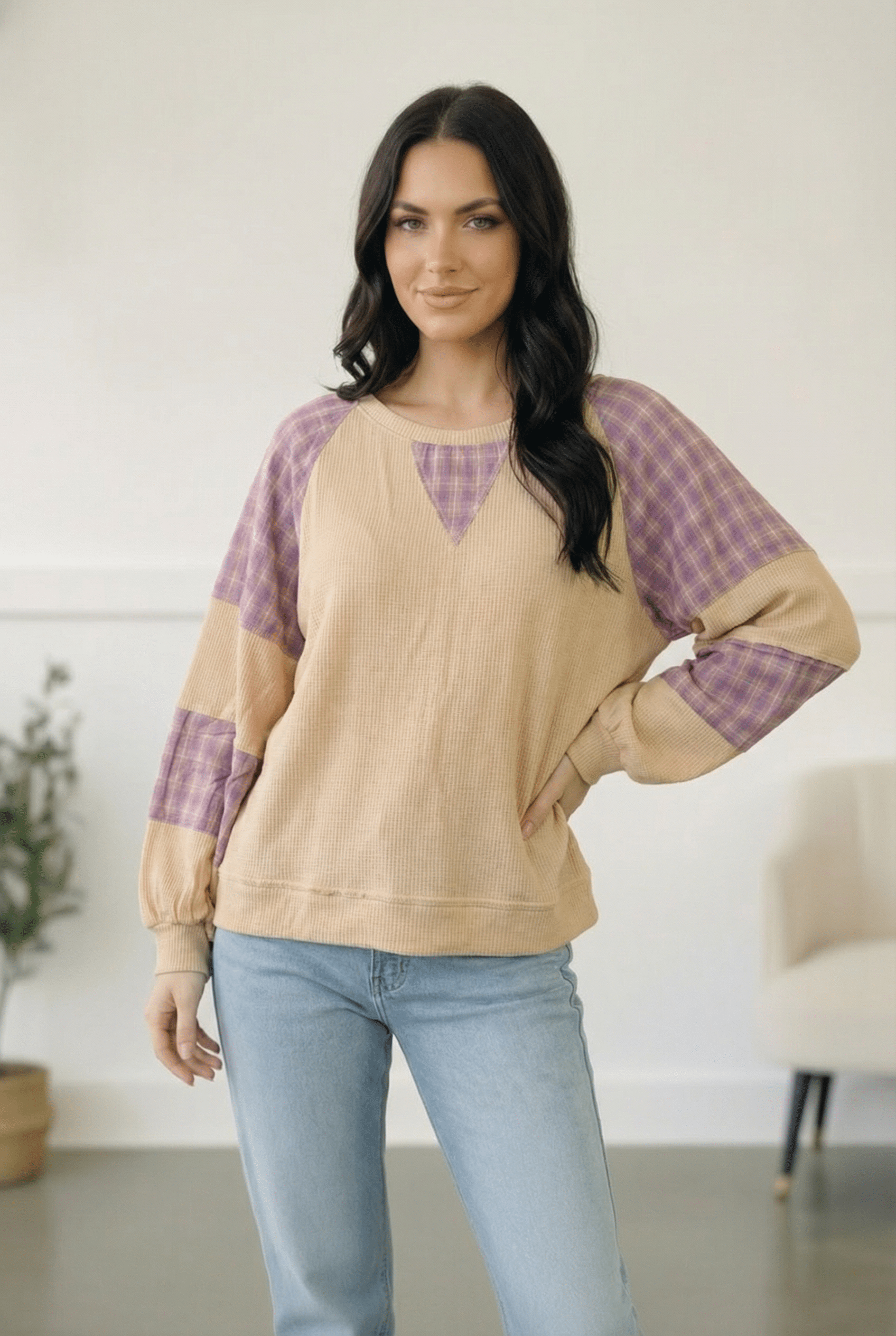 waffle knit thermal, plaid sleeve top, oversized thermal shirt, women's cozy loungewear, oatmeal thermal top, casual chic apparel, breathable layering top, country style sweater