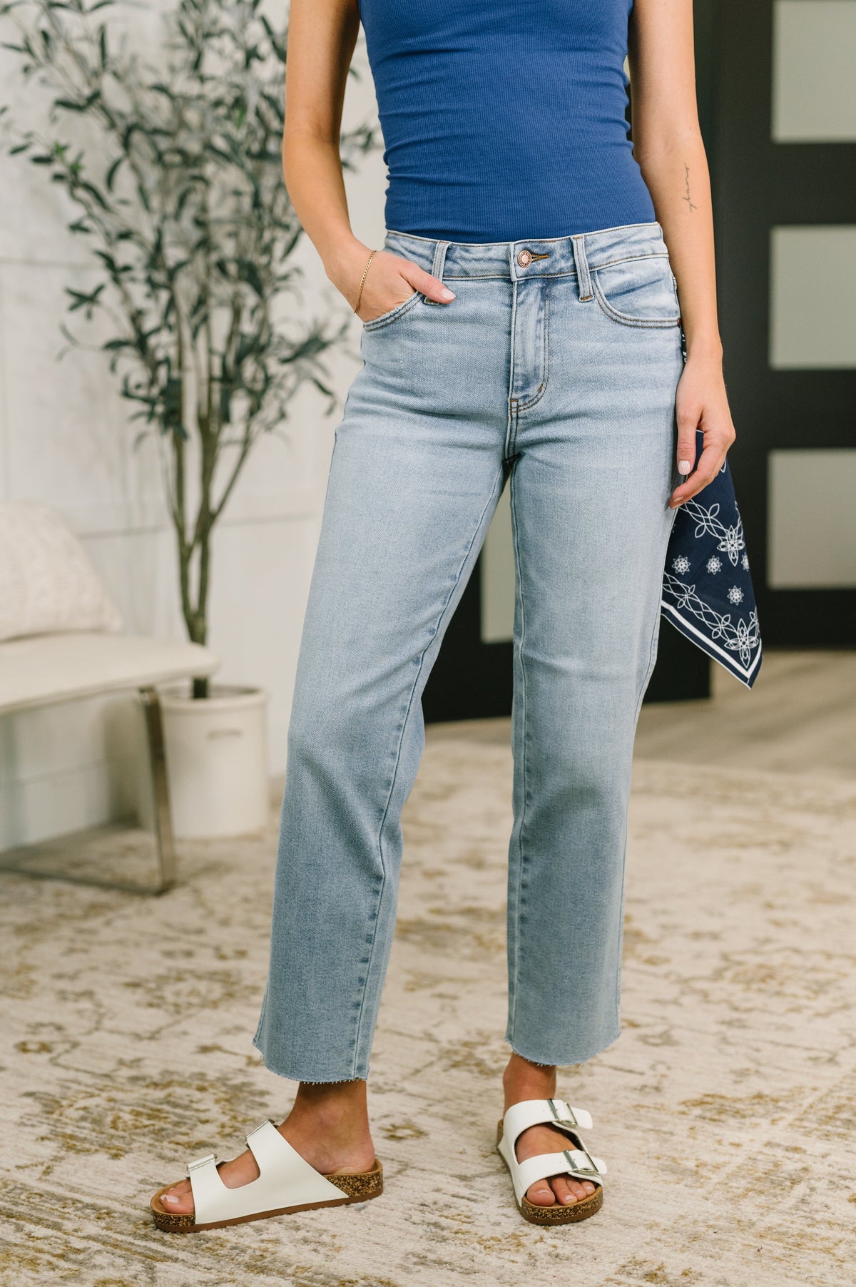 Judy Blue jeans, mid rise straight leg, ankle length denim, Dawn Judy Blue, bandana jeans, comfortable stretch denim, women's cropped jeans